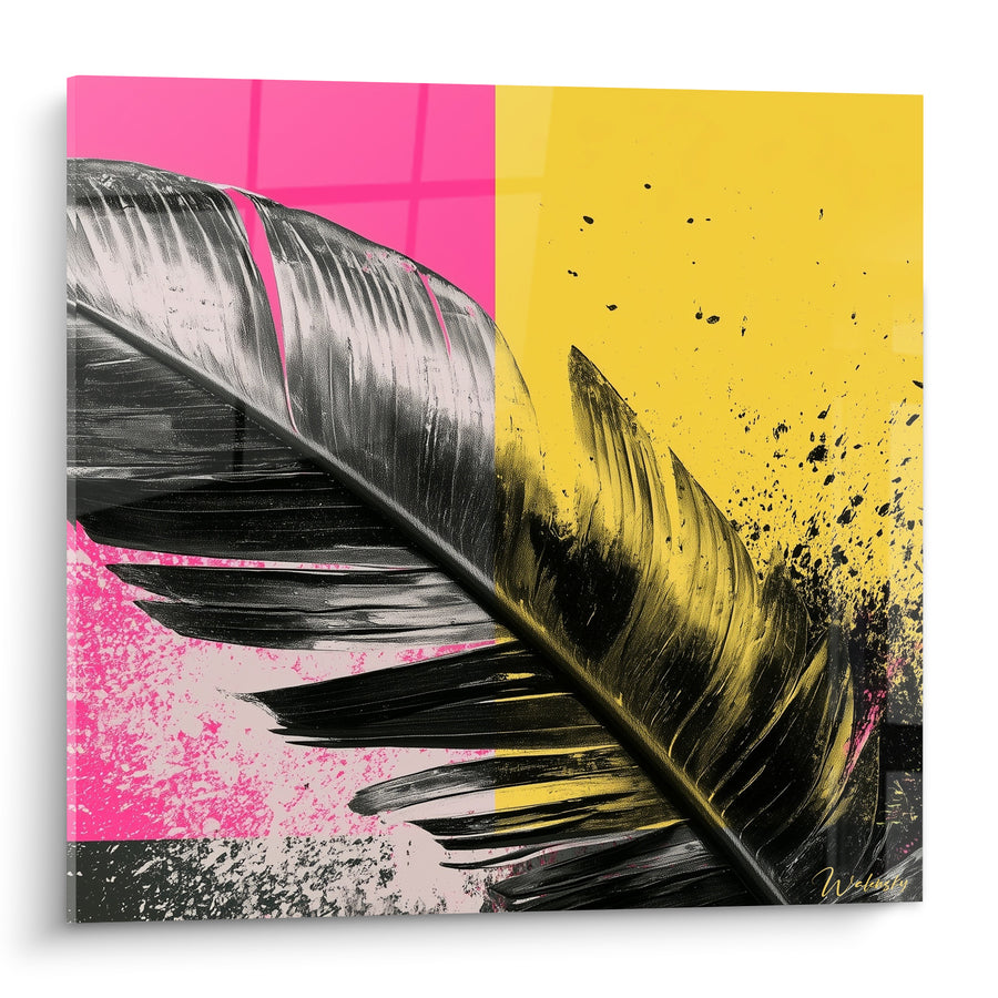 Tableau Feuille de bananier noire rose et jaune - Éclaboussure tropicale - Edition Feuille de bananier