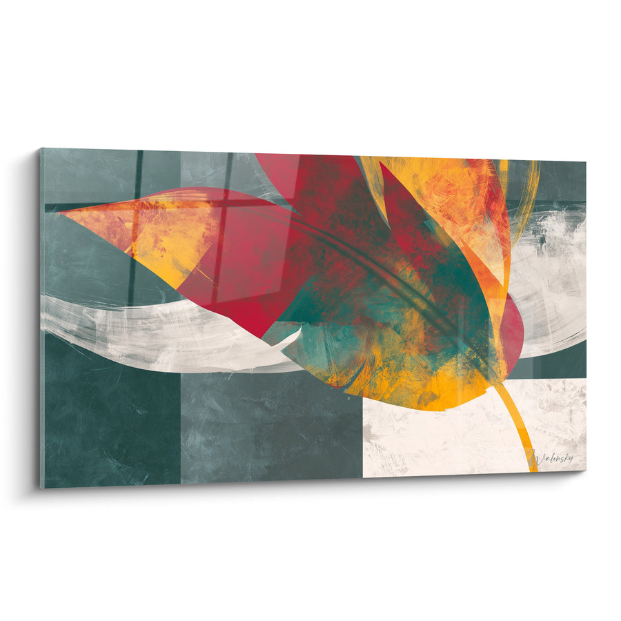 Tableau Feuille rouge et jaune sur damier vert - Larges coups de pinceau blancs - Edition Feuille de bananier