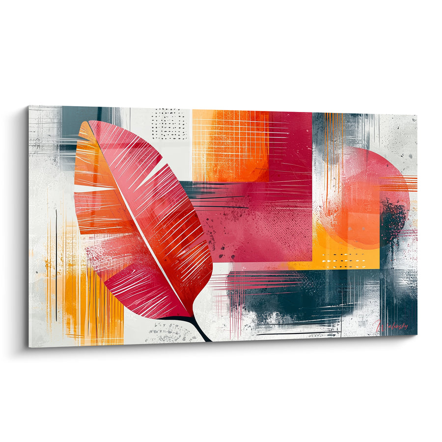 Tableau Feuille rose et orange sur fond quadrillé - Cercle marine éclaboussé - Edition Feuille de bananier