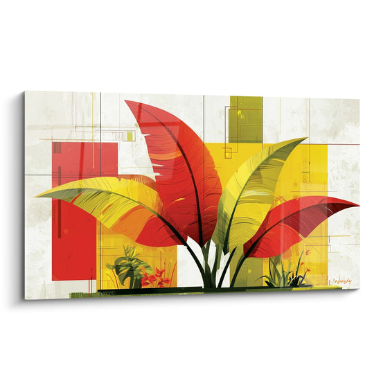 Tableau Feuille rouge et jaune en éventail végétal - Fond crème architecturé - Edition Feuille de bananier