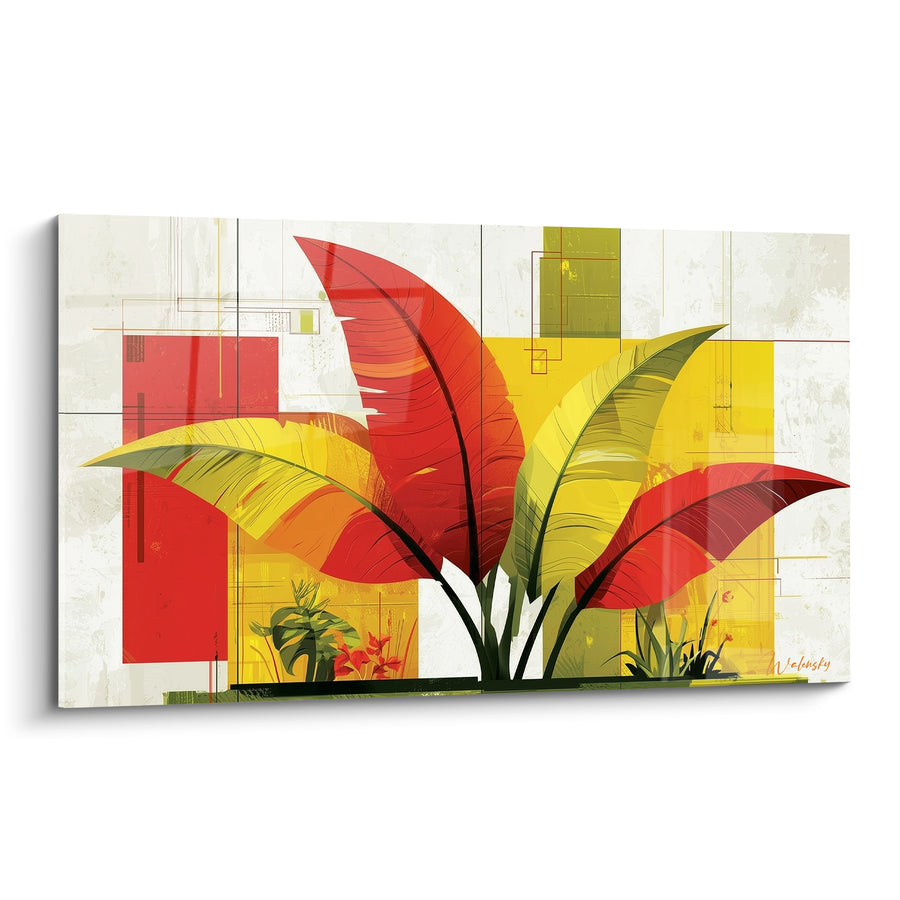 Tableau Feuille rouge et jaune en éventail végétal - Fond crème architecturé - Edition Feuille de bananier