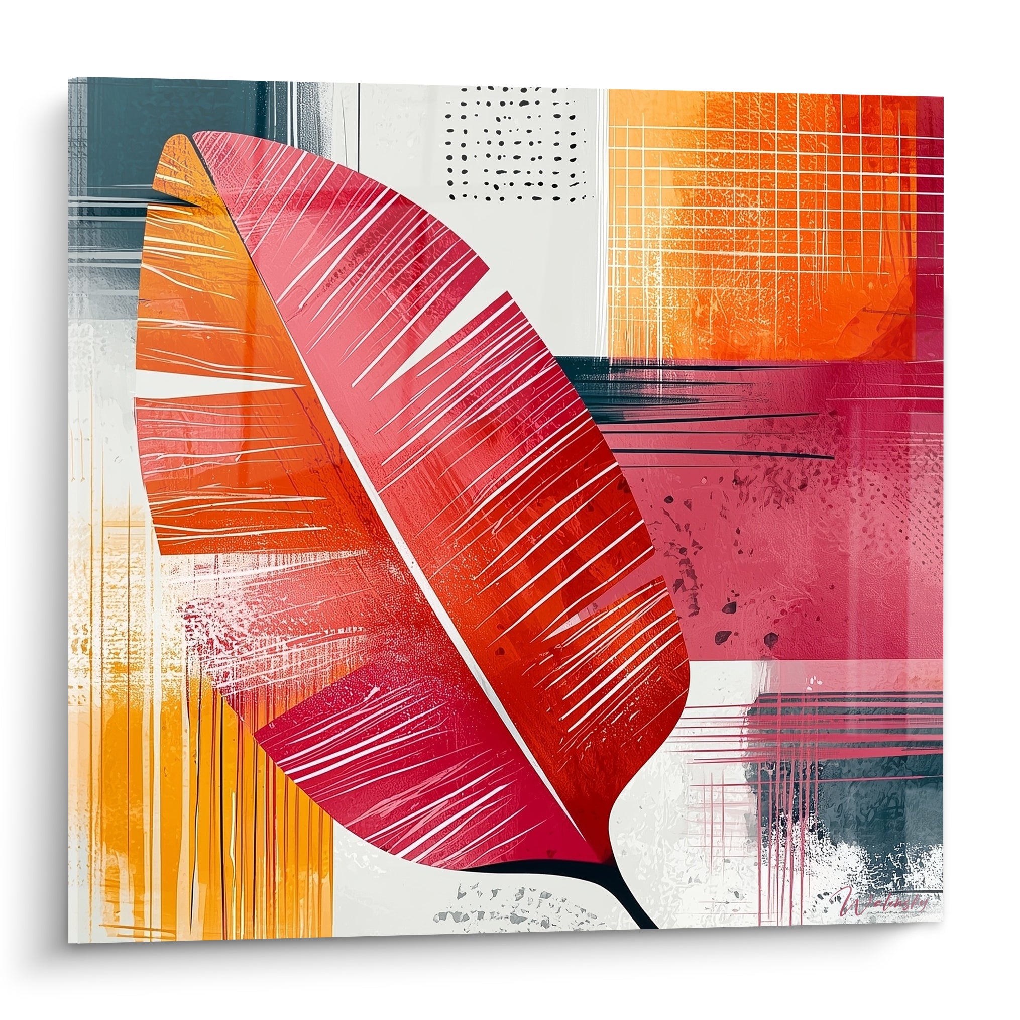 Feuille de bananier rouge et orangée en plein cadre sur fond graphique anthracite et jaune moutarde
