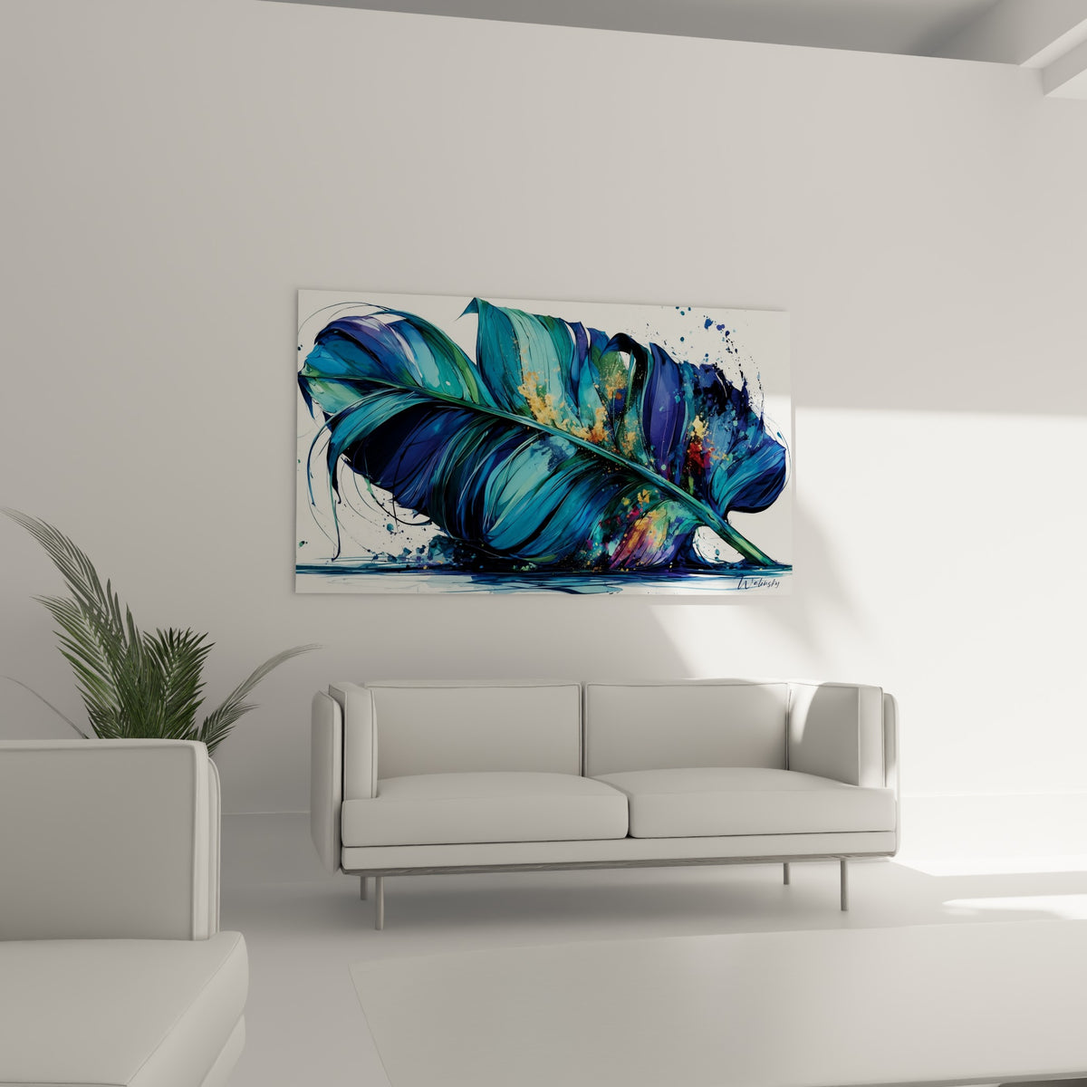 Nervure dorée traversant une feuille bleue et anthracite, disposée au-dessus d'un canapé dans un salon lumineux