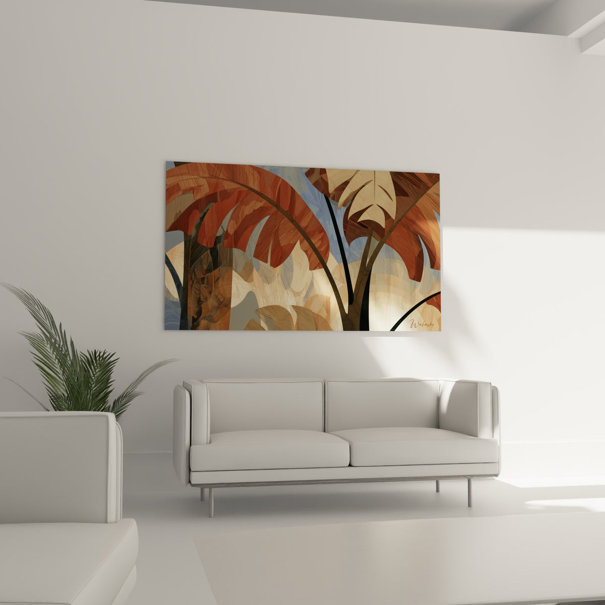 Feuillage tropical aux tons bruns et bleu pastel au-dessus d'un canapé dans un salon lumineux