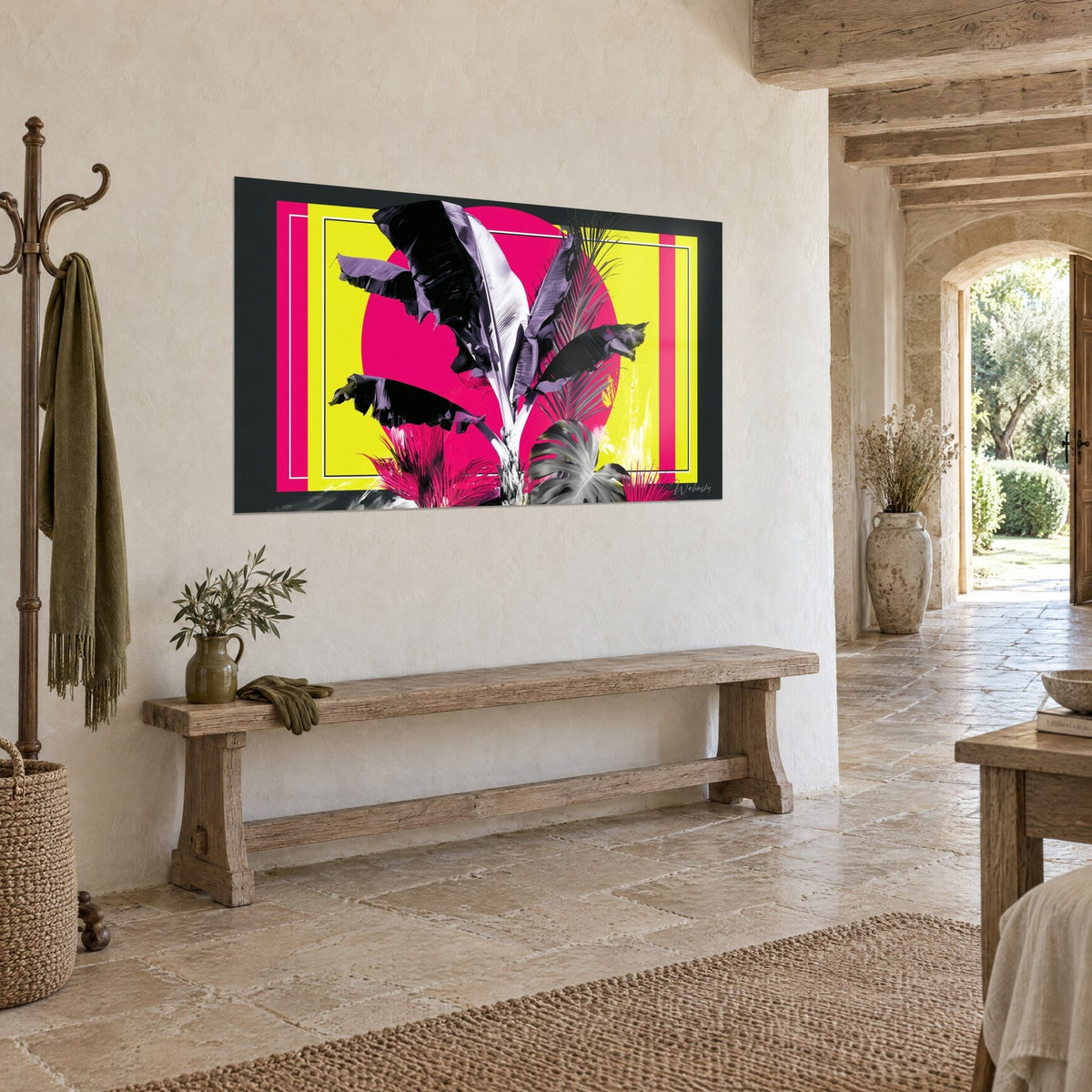 Wall art tropical palm in black and white contrast, fuchsia sun and acid yellow frame on a light stone wall