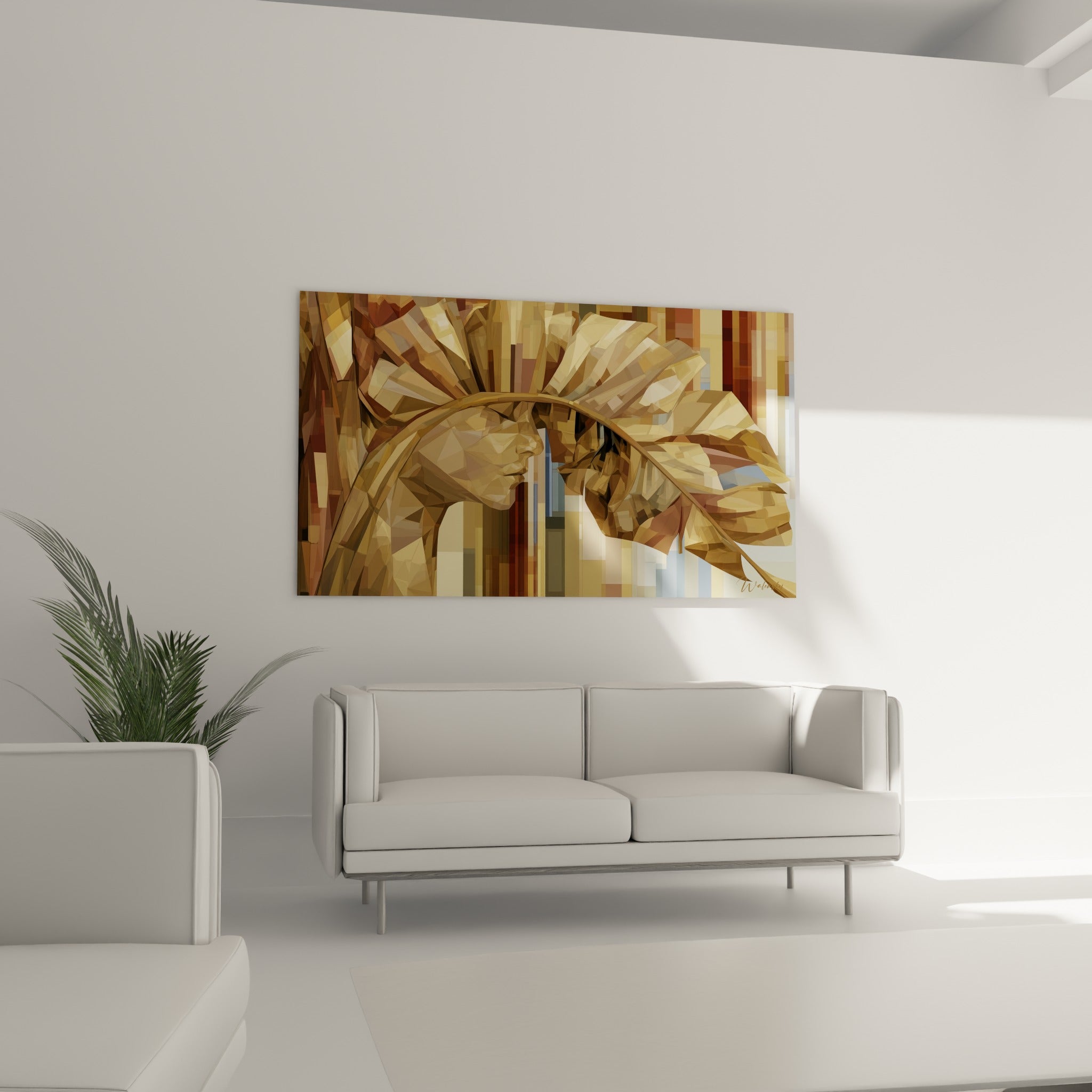 Composition cubiste feuille de bananier terracotta et anthracite, suspendue au-dessus d'un canapé dans un salon lumineux