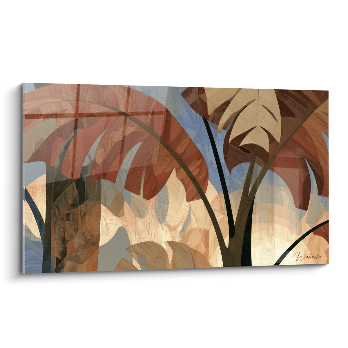 Feuilles de bananier stylisées en terracotta et bleu pastel sur toile texturée façon bois