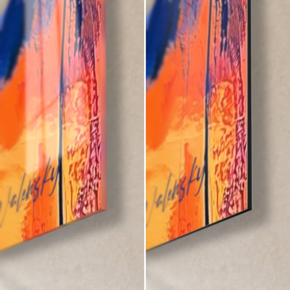 Wall art tropical foliage in midnight blue and orange, bottom right corner: glossy acrylic glass on the left, matte Dibond aluminium on the right