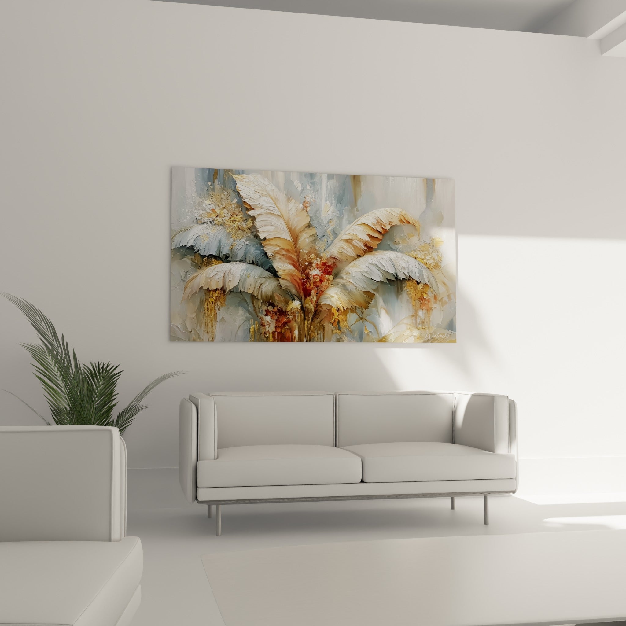 Éventail de feuille de bananier terracotta et doré accroché au-dessus d'un canapé dans un salon lumineux