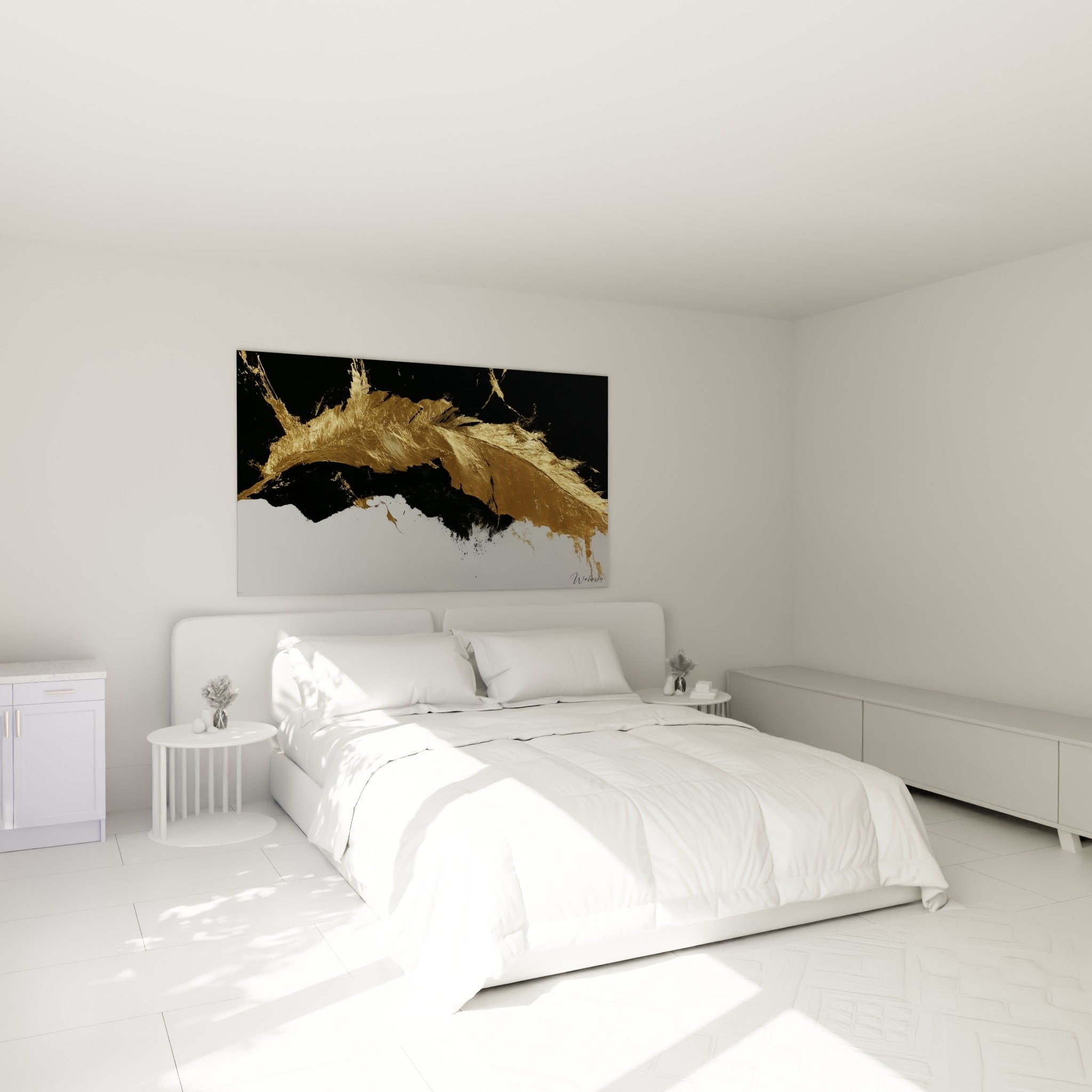 Trait doré évoquant une feuille de bananier sur fond noir, accroché au-dessus d'un lit dans une chambre claire.