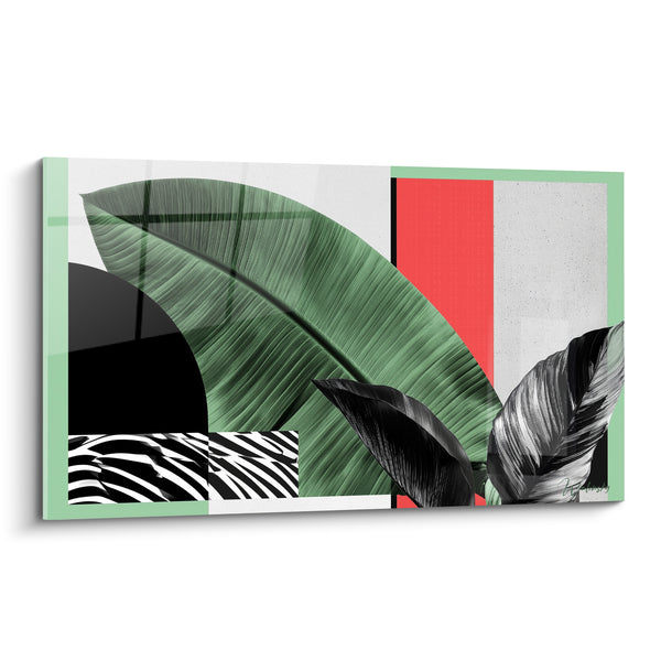 Tableau Feuille tropicale verte et corail géométrique - Jungle graphique - Edition Feuille de bananier