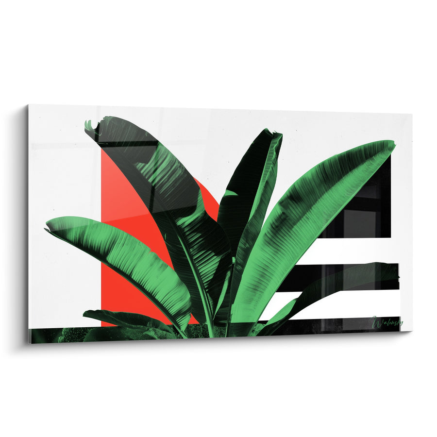 Tableau Bananier vert et rouge sur bandes noires - Triangle écarlate géométrique - Edition Feuille de bananier