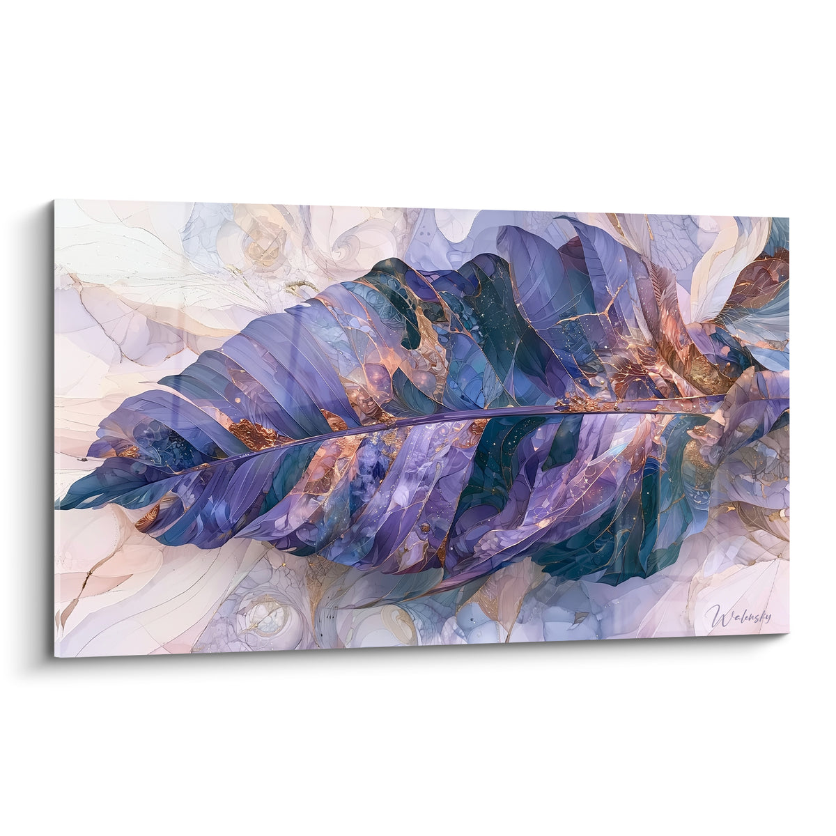 Feuille de bananier violette et dorée aux nervures marbrées bleu marine et pêche poudré