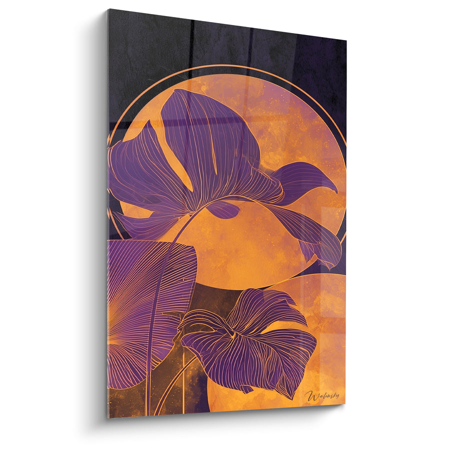 Tableau Feuilles violettes sur cercle orangé - Lune tropicale - Edition Feuille de bananier