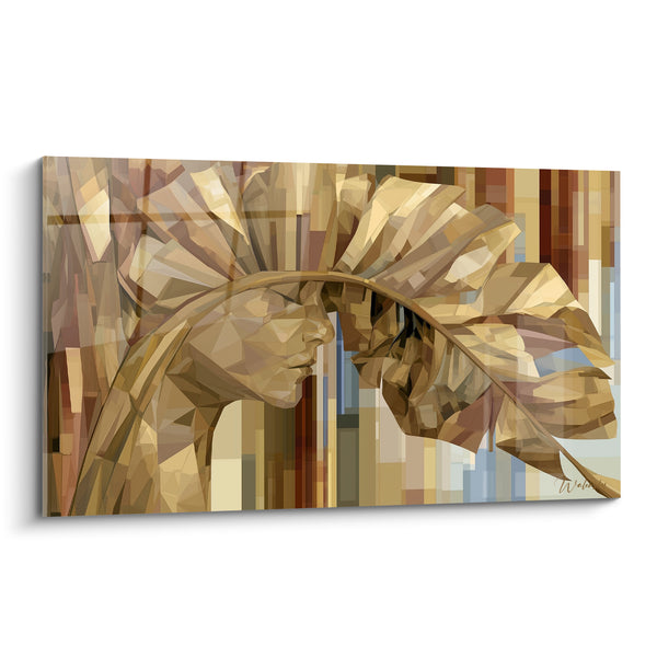 Tableau Feuille de bananier ocre et bleu géométrique - Fusion végétale - Edition Feuille de bananier