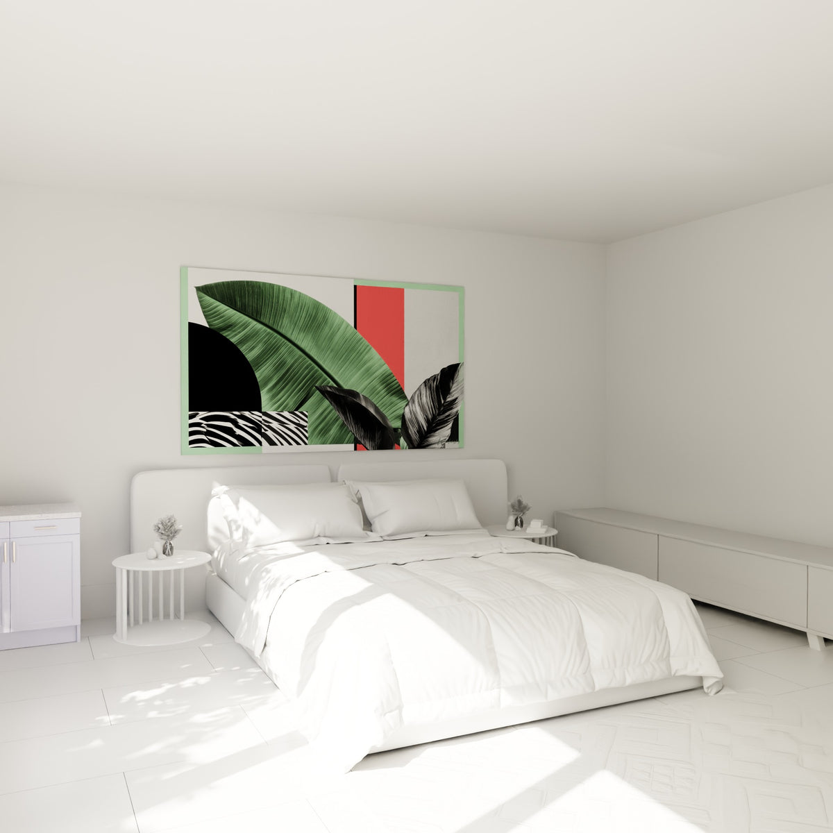 Feuille de bananier vert sauge et corail vif au-dessus d'un lit dans une chambre claire, composition graphique