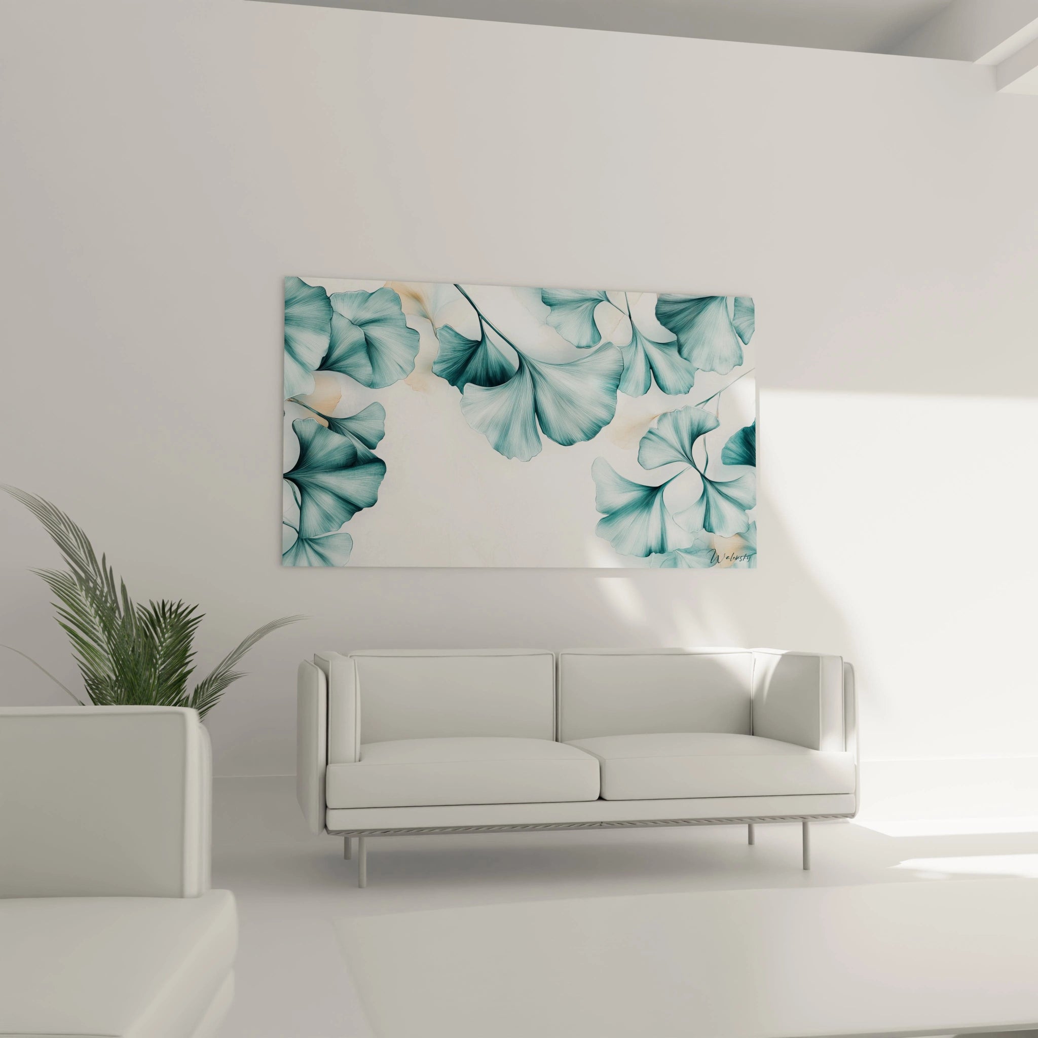 Un tableau Feuille de ginkgo nature mettant en avant des feuilles entrelacées aux tons bleu-vert et beige sur un fond clair, avec des textures douces et des dégradés subtils accentuant la profondeur.

