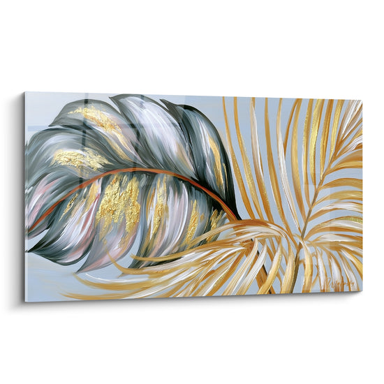 Feuille de palmier anthracite et dorée peinte sur fond bleu pâle avec nervure orangée