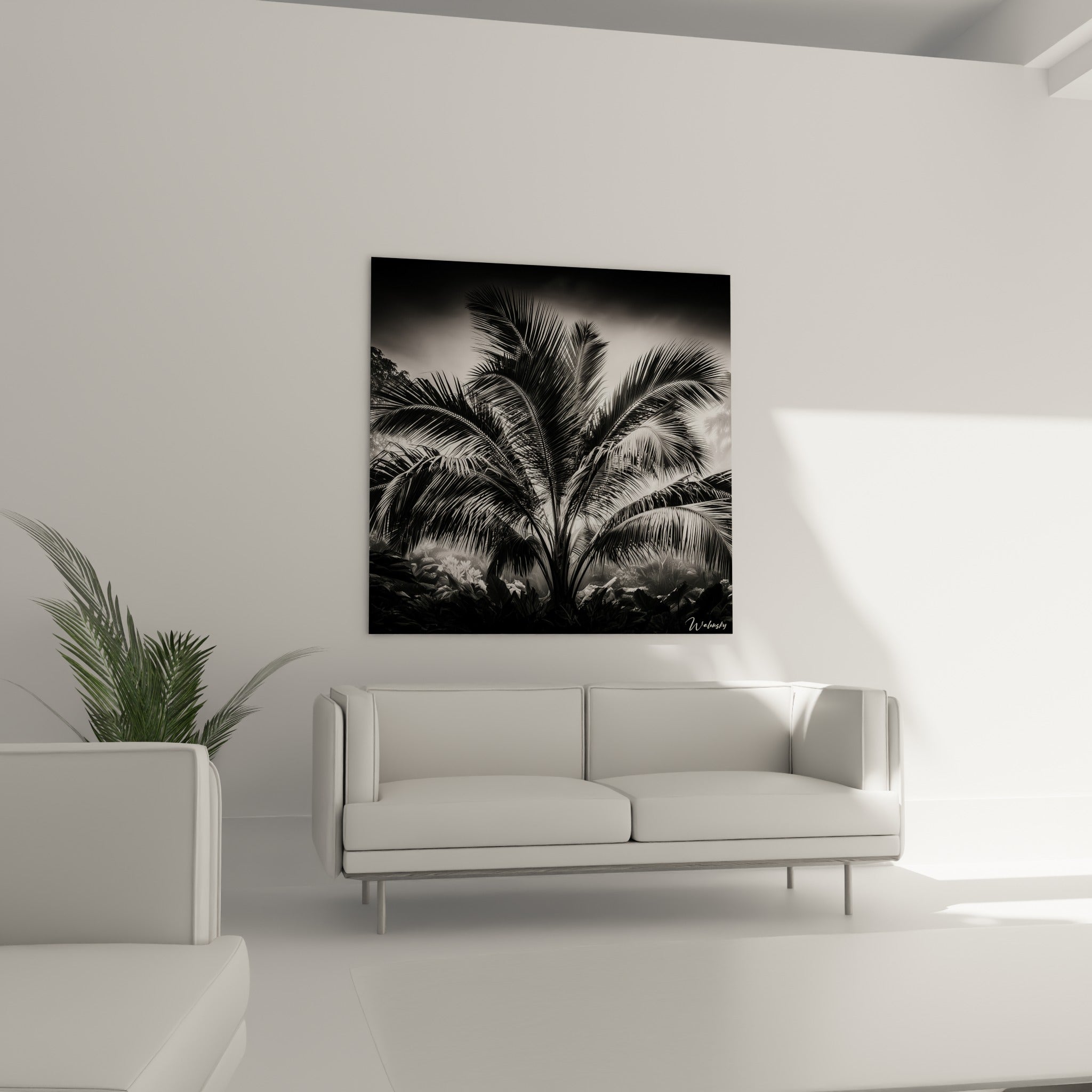Frondes sombres et lumineuses d'un palmier photographié, tableau accroché au-dessus d'un canapé dans un salon lumineux