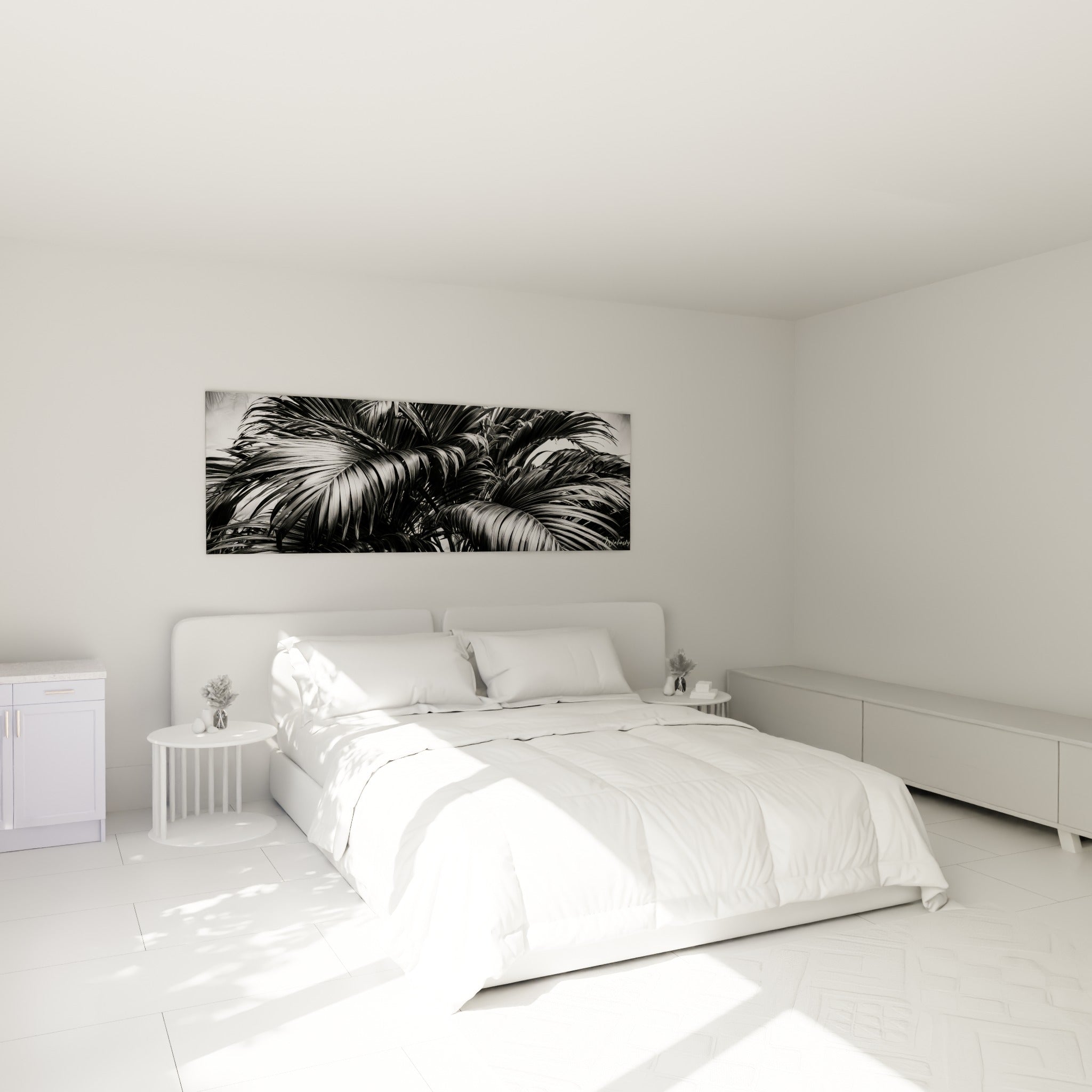 Palmes entrelacées en noir et blanc, contrastes argentés et anthracite, au-dessus d'un lit dans une chambre claire