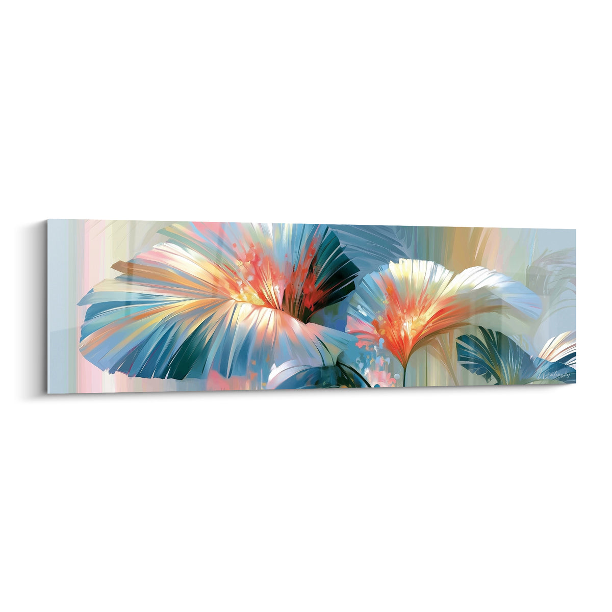 Feuilles de palmier bleu pétrole et corail éclatées dans une peinture aux dégradés lumineux