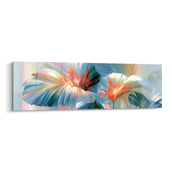 Tableau Feuilles de palmier bleu et corail éclatées - Éventail tropical lumineux - Edition Feuille de palmier