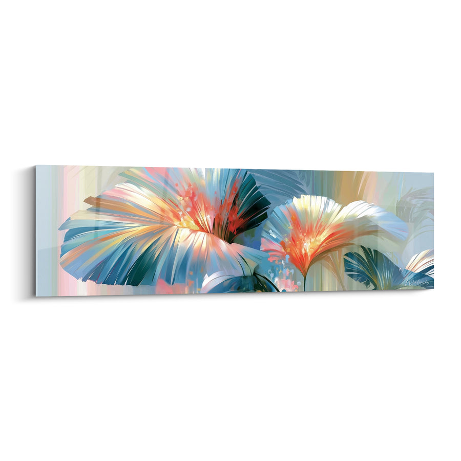 Tableau Feuilles de palmier bleu et corail éclatées - Éventail tropical lumineux - Edition Feuille de palmier