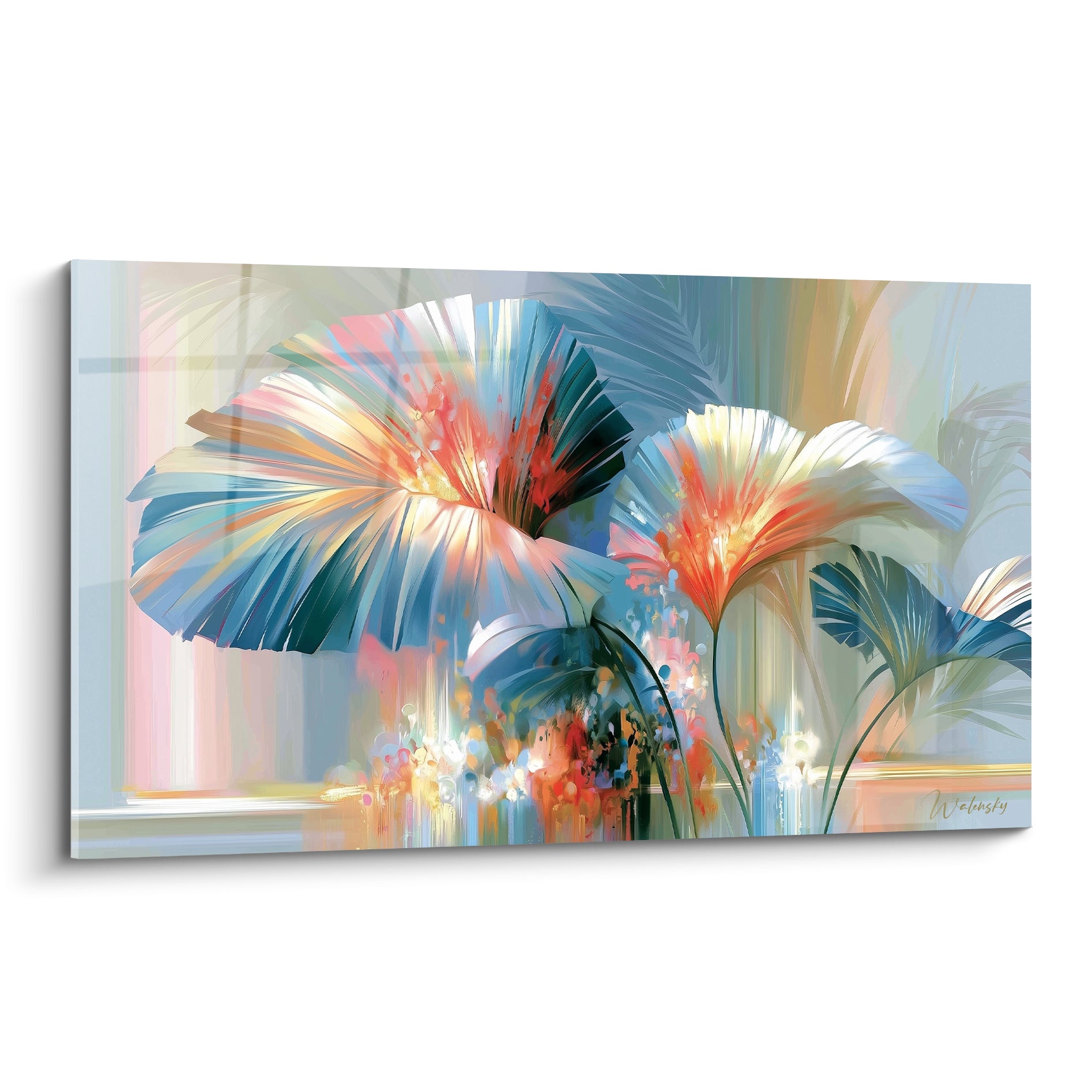 Feuille de palmier bleu et corail déployée en éventail lumineux sur fond pastel doux