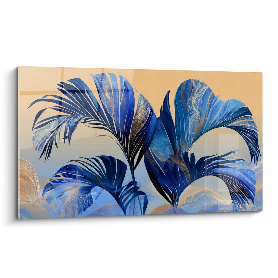 Tableau Feuilles bleu marine et dorées sur fond pêche - Brise tropicale dorée - Edition Feuille de palmier