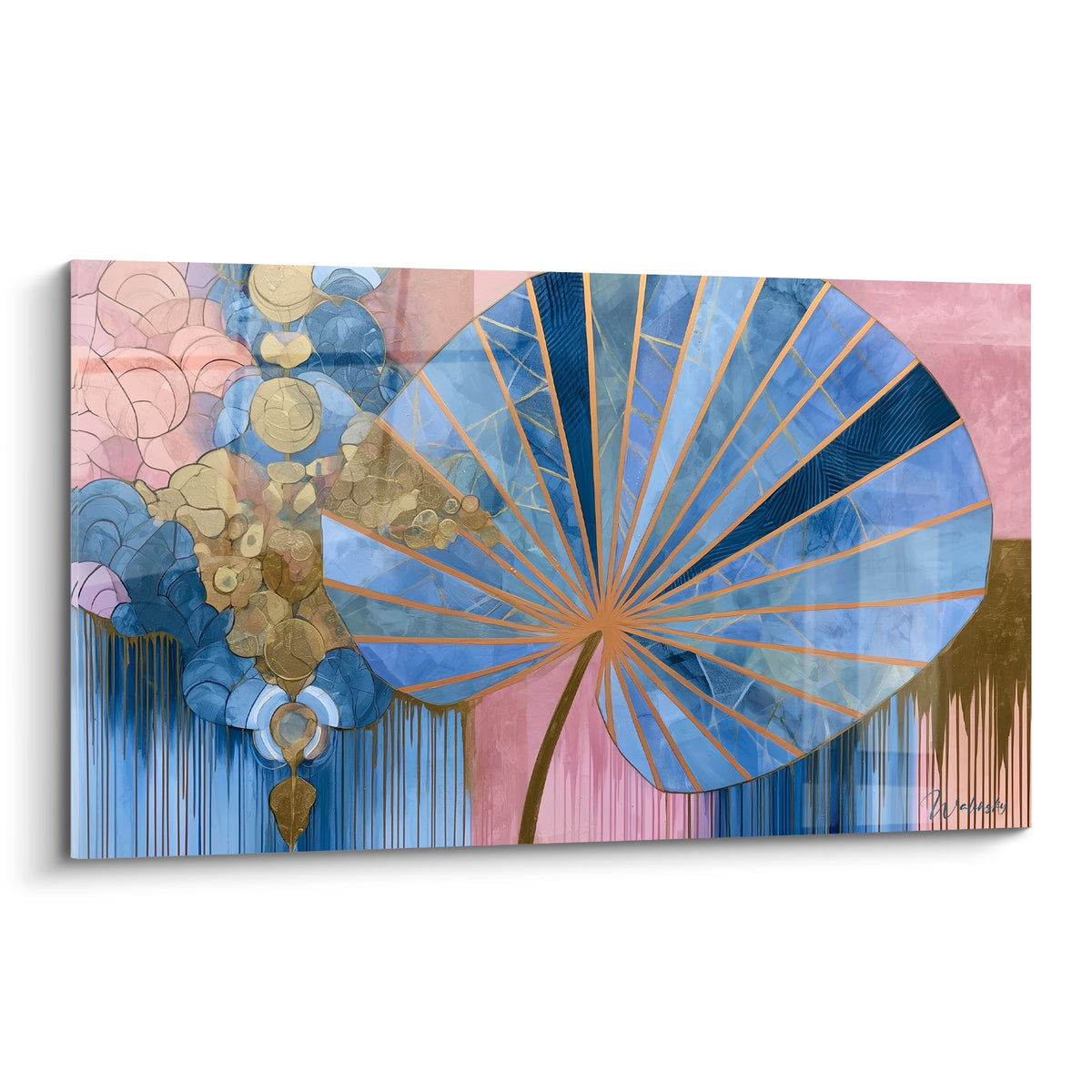 Feuille de palmier en éventail bleu marine et rose poudré, nervures dorées rayonnantes, style graphique raffiné
