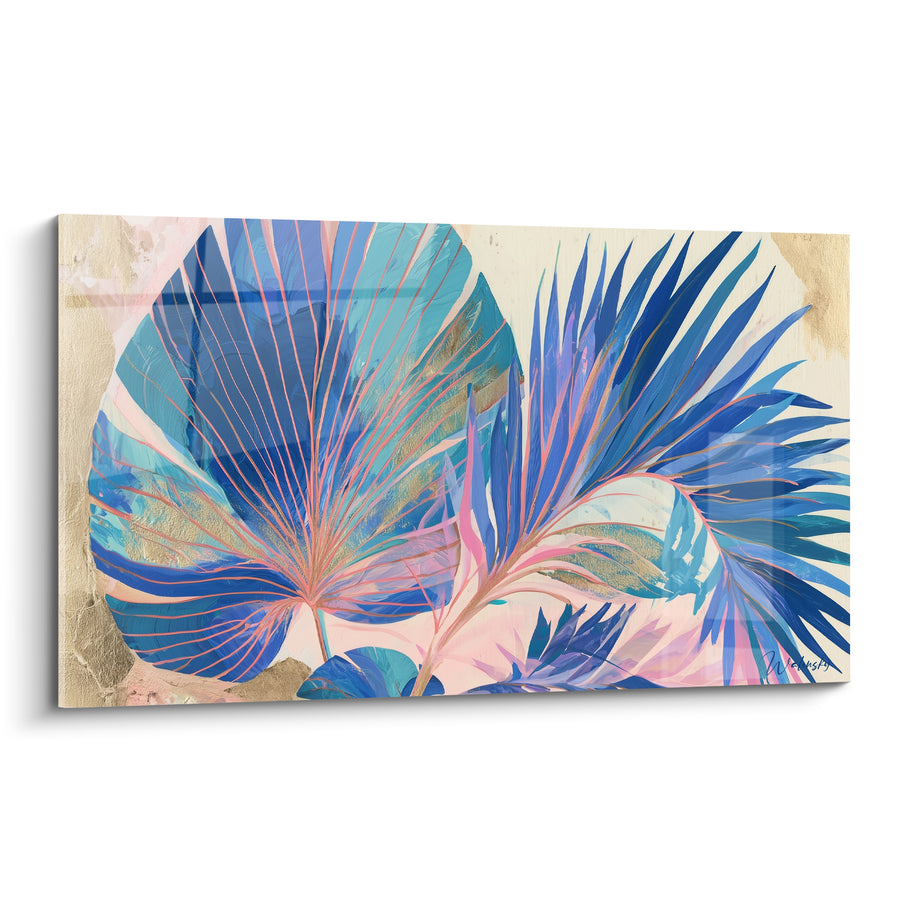 Tableau Feuille éventail bleue et rose nervurée finement - Fond ivoire craquelé doré - Edition Feuille de palmier