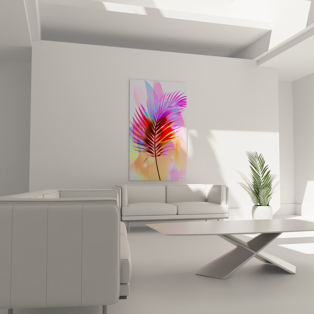 Végétal tropical fuchsia et bleu pastel, dégradé lumineux, au-dessus d'un canapé dans un salon lumineux