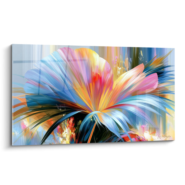 Tableau Feuille éventail bleue et rose en éclatement multicolore - Explosion de pétales - Edition Feuille de palmier
