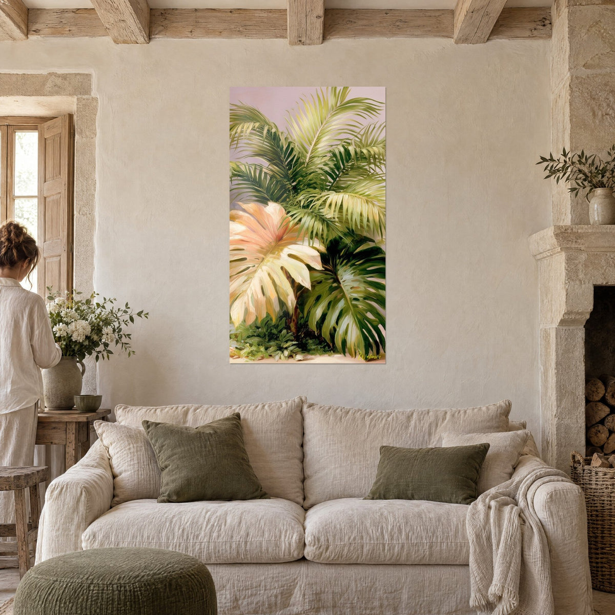 Wall art tropical palm with green fronds and a large coral leaf, above a sofa in a bright living room