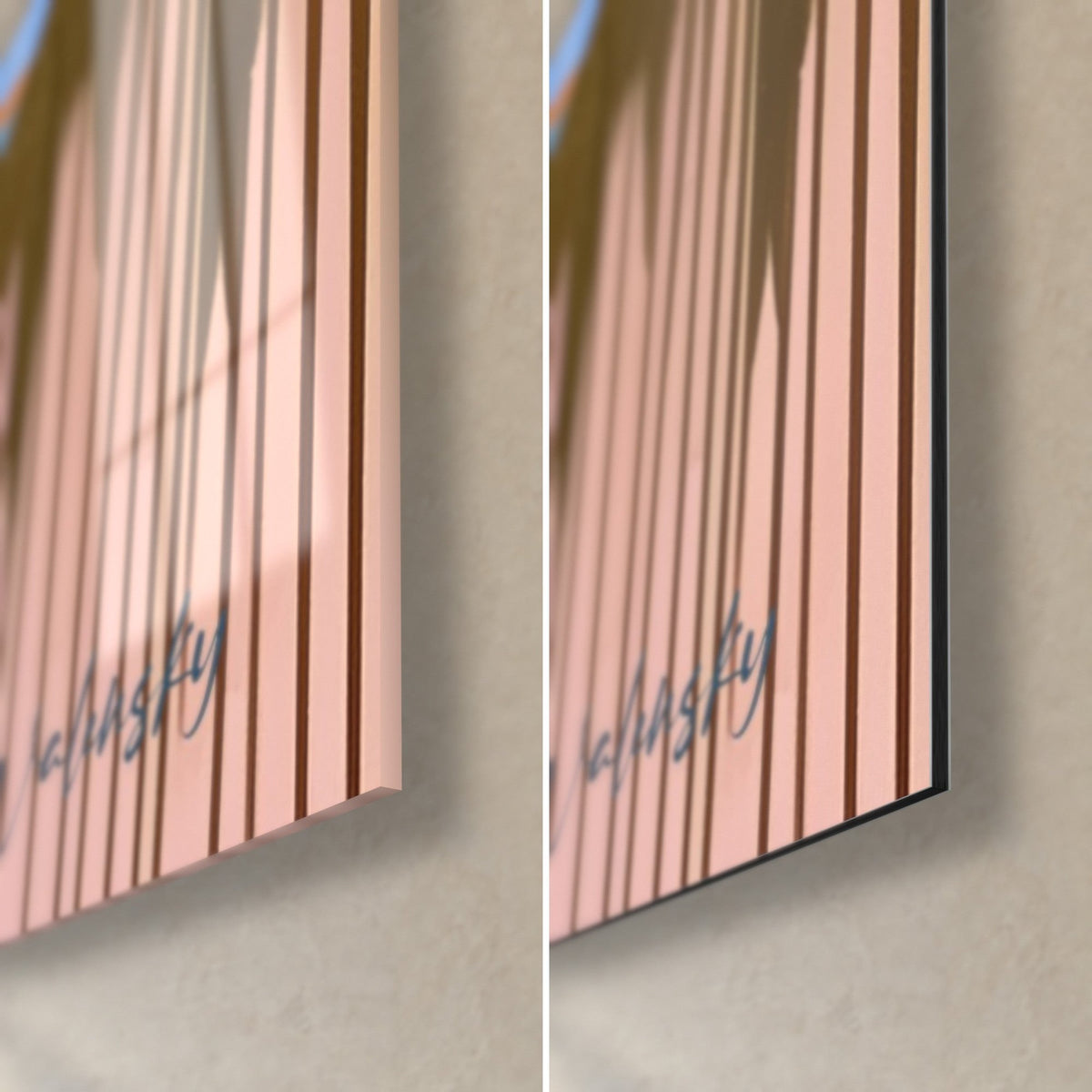 Gemälde blaues Fächerblatt, untere rechte Ecke: glänzendes Glas links, matte Alu-Dibond rechts, Rosa und Blau, Signatur Walensky