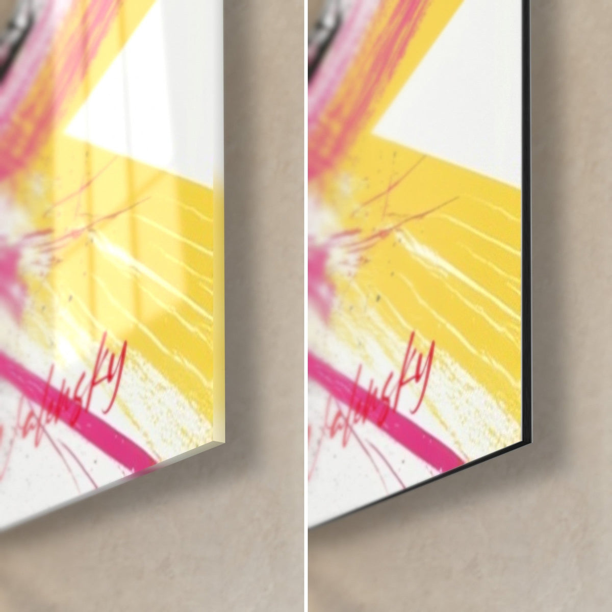 Wall art black palm frond with fuchsia and yellow highlights, bottom right corner: glossy acrylic glass and matte black Dibond, 3 mm edge
