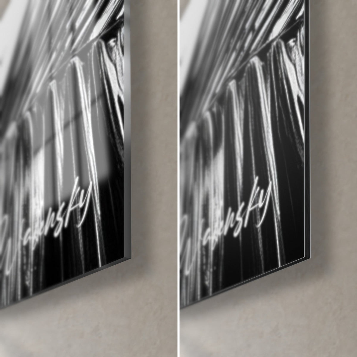 Black and white palm wall art, bottom right corner: glossy acrylic glass on the left, matte Dibond aluminium on the right, 3 mm edge