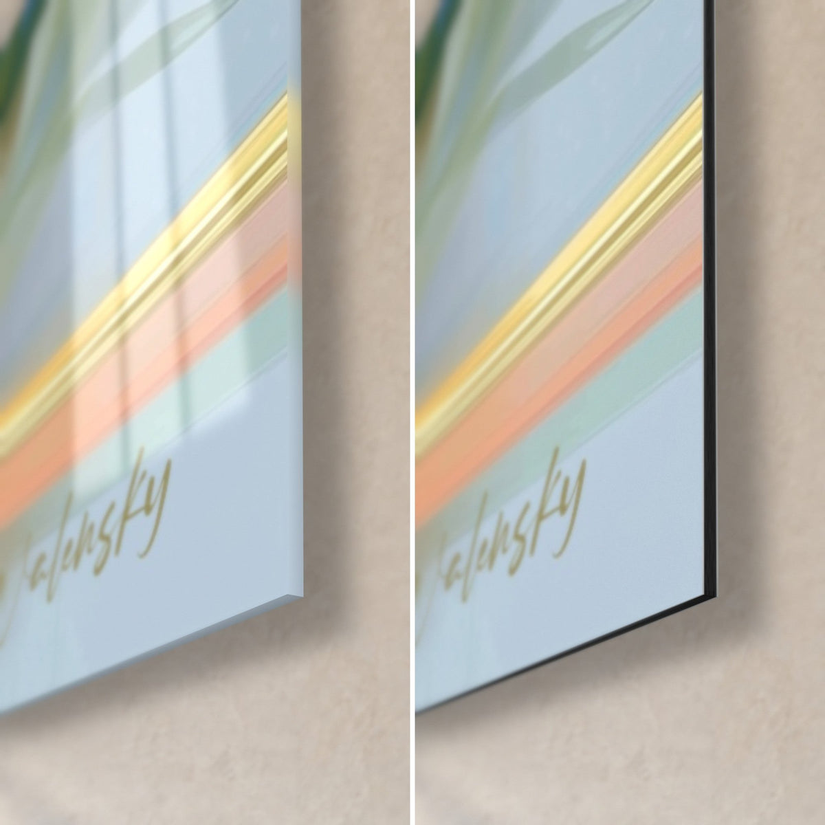 Wall art tropical palm fronds in pastel blue, bottom right corner: glossy acrylic glass on the left, matte black Dibond on the right, golden line