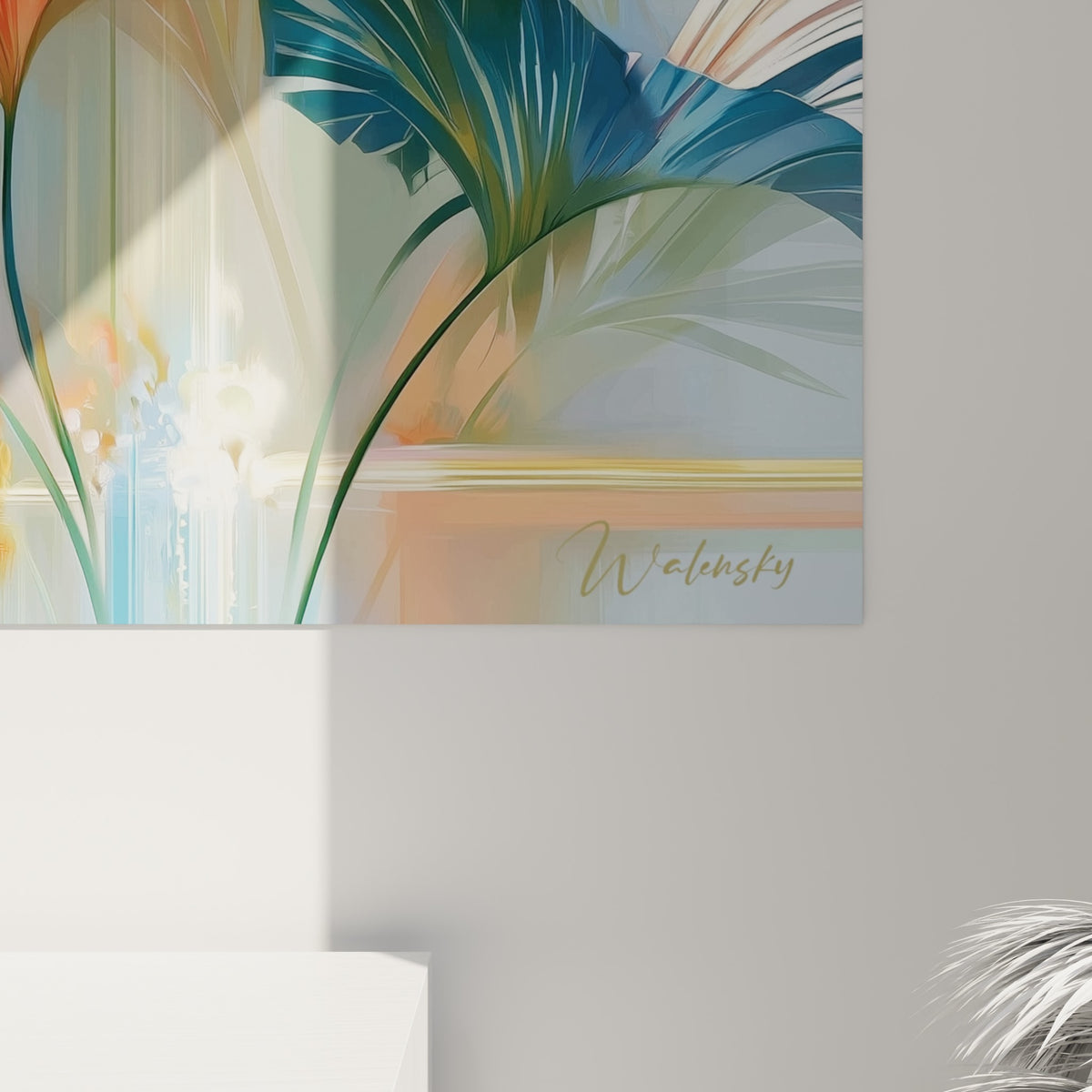Détail des nervures bleu profond et éclats corail révélant le grain de l'impression