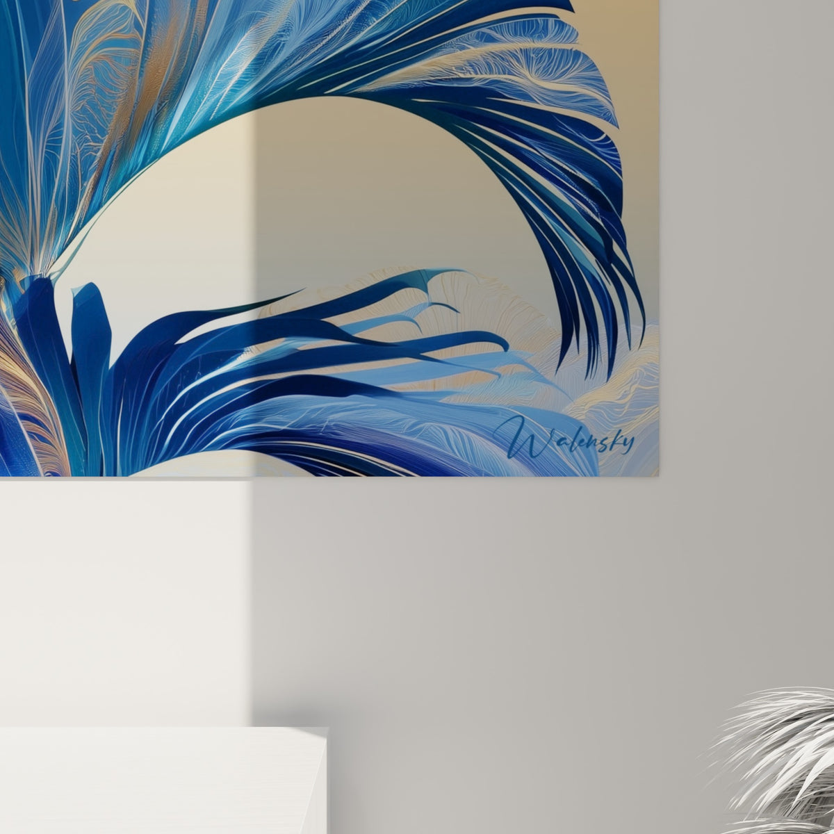 Détail des nervures dorées et du bleu marine profond où les couleurs se fondent avec grain et relief