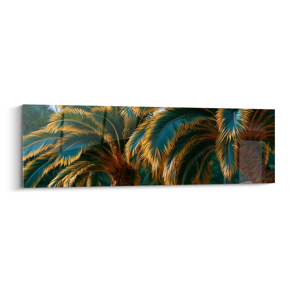 Palmier doré aux larges palmes émeraude et turquoise, feuillage tropical dense en pleine lumière rasante.