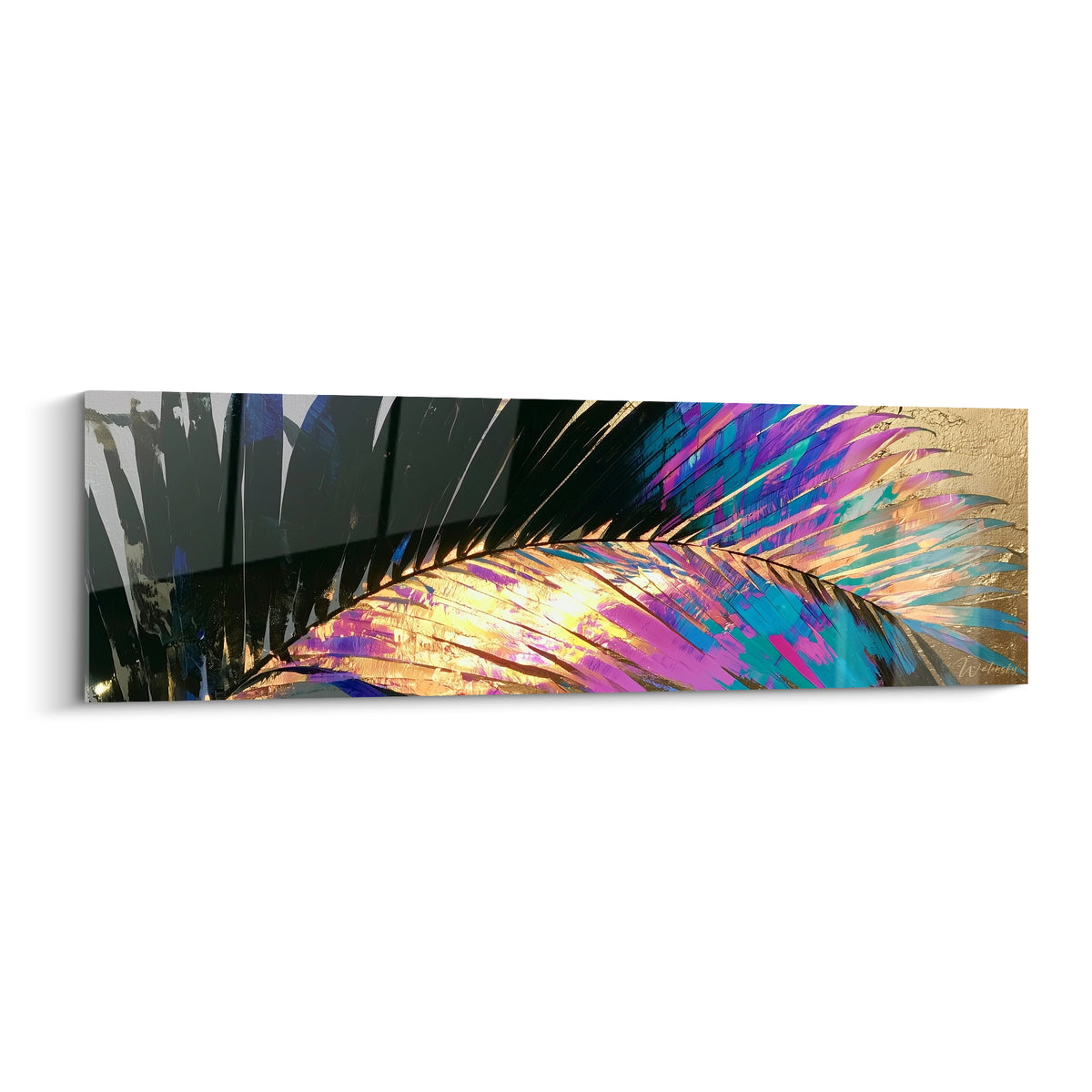 Feuille de palmier dorée aux reflets turquoise et magenta sur fond anthracite intense
