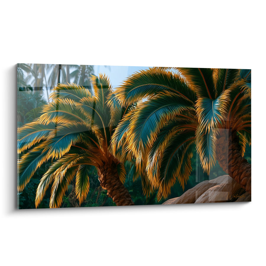 Tableau Palmiers dorés aux troncs bruns rocheux - Lueur tropicale - Edition Feuille de palmier