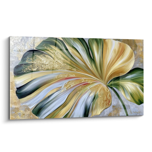 Tableau Feuille tropicale nervurée dorée et verte - Éveil tropical - Edition Feuille de palmier