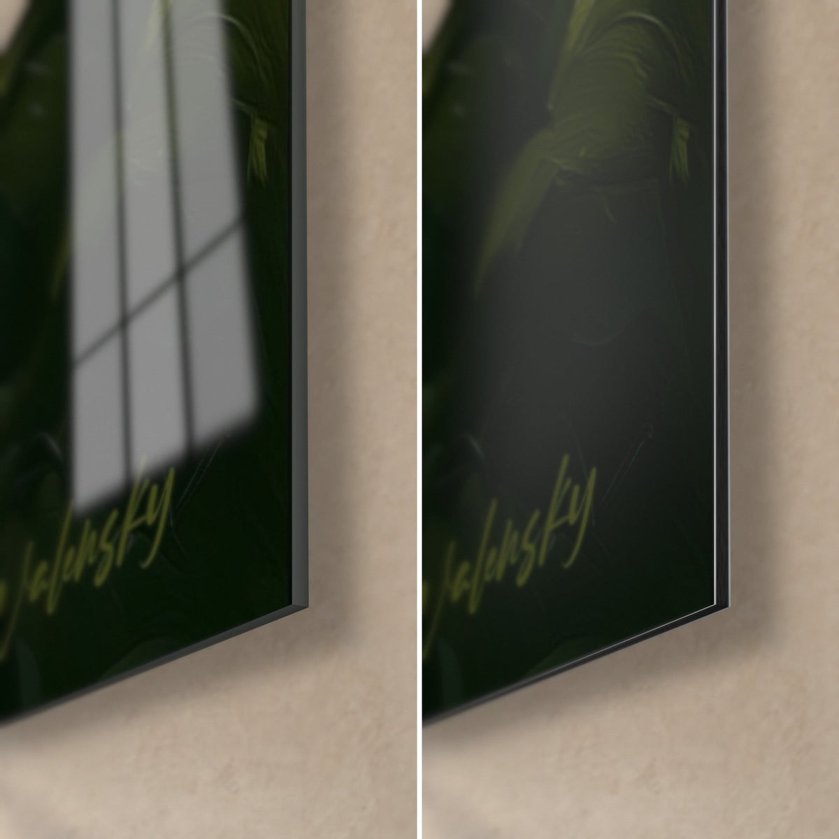 Wall art gold leaf in oil paint, bottom right corner: glossy acrylic glass on the left, matte Dibond aluminum on the right, 3 mm edge