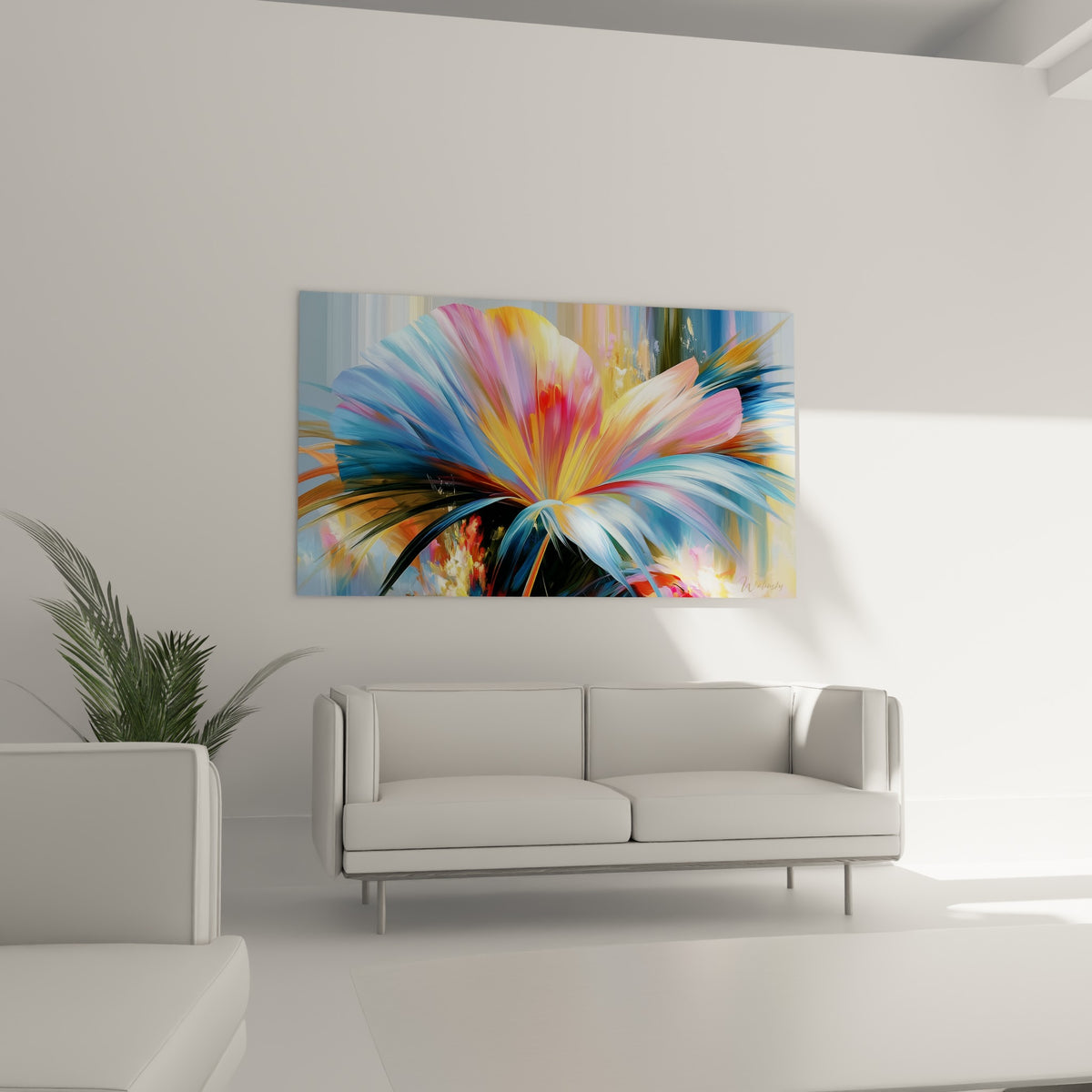 Explosion florale bleu pastel et rouge vif d'une feuille de palmier, au-dessus d'un canapé dans un salon lumineux
