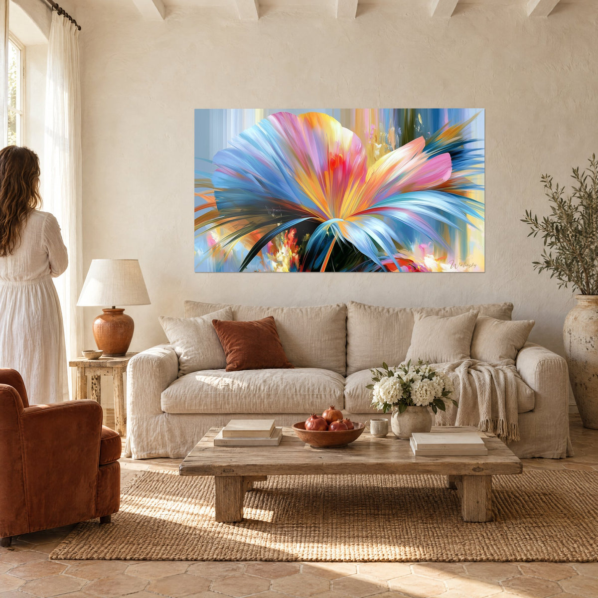 Schilderij waaiervormige bloem met hemelsblauwe en felroze bloembladen, gele druipsporen, boven een bank in een lichte woonkamer