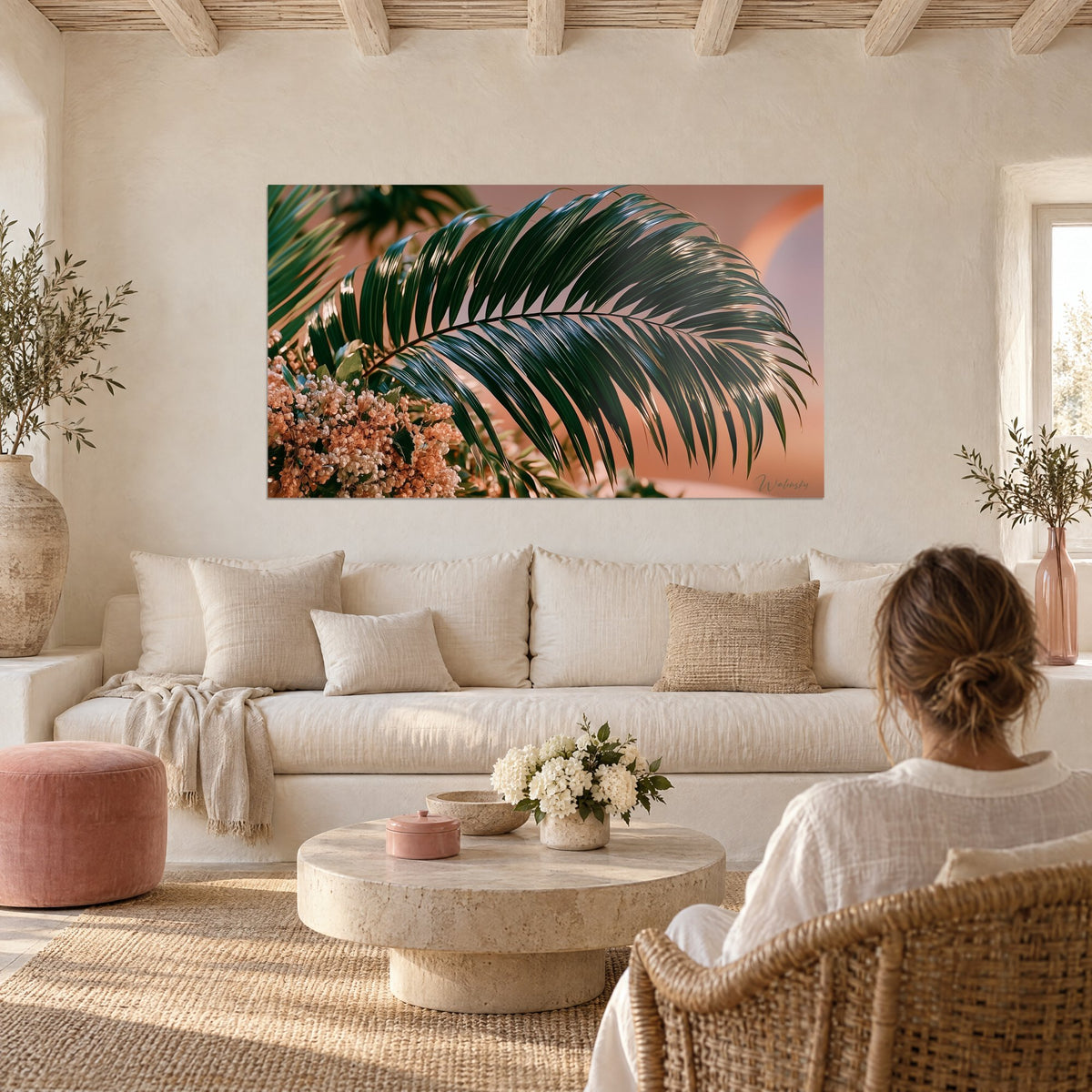 Wall art dark green palm with golden highlights, terracotta flowers and salmon background, above a sofa in a bright living room