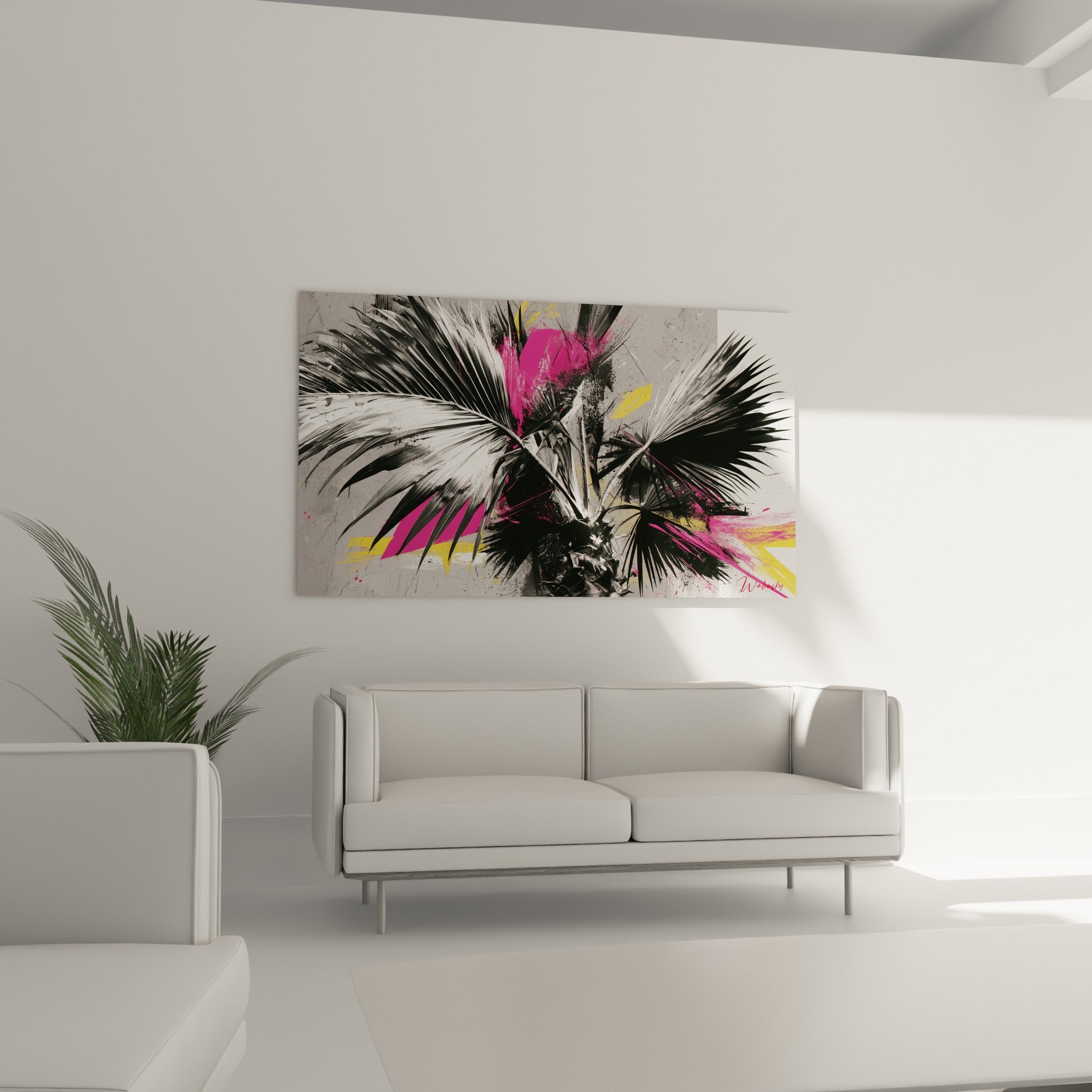 Feuillage tropical noir traversé de rose vif de la feuille de palmier accroché au-dessus d'un canapé dans un salon lumineux