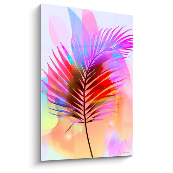 Tableau Feuille tropicale rose et fuchsia irisée - Éclat tropical suspendu - Edition Feuille de palmier
